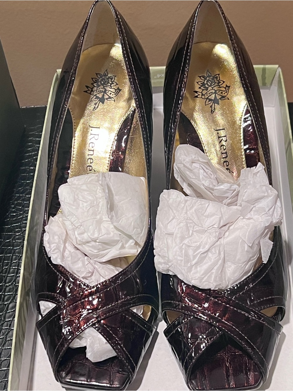 J.Renee Burgundy Croc-Embossed Patent Peep-Toe Heels